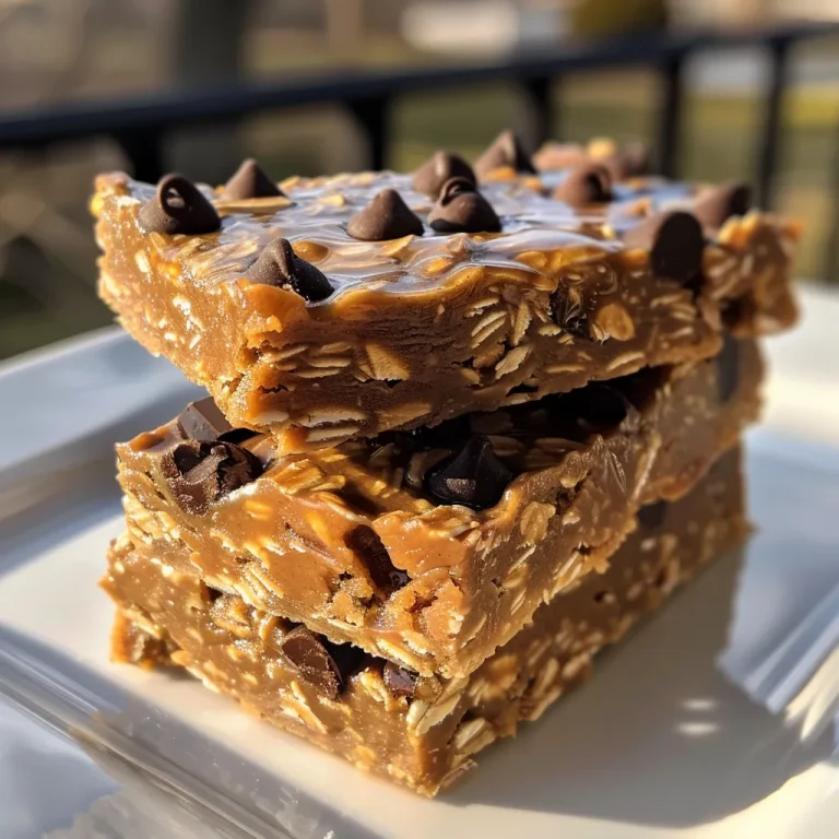 Close-up view of No Bake Peanut Butter Oatmeal Bars with chocolate chips.