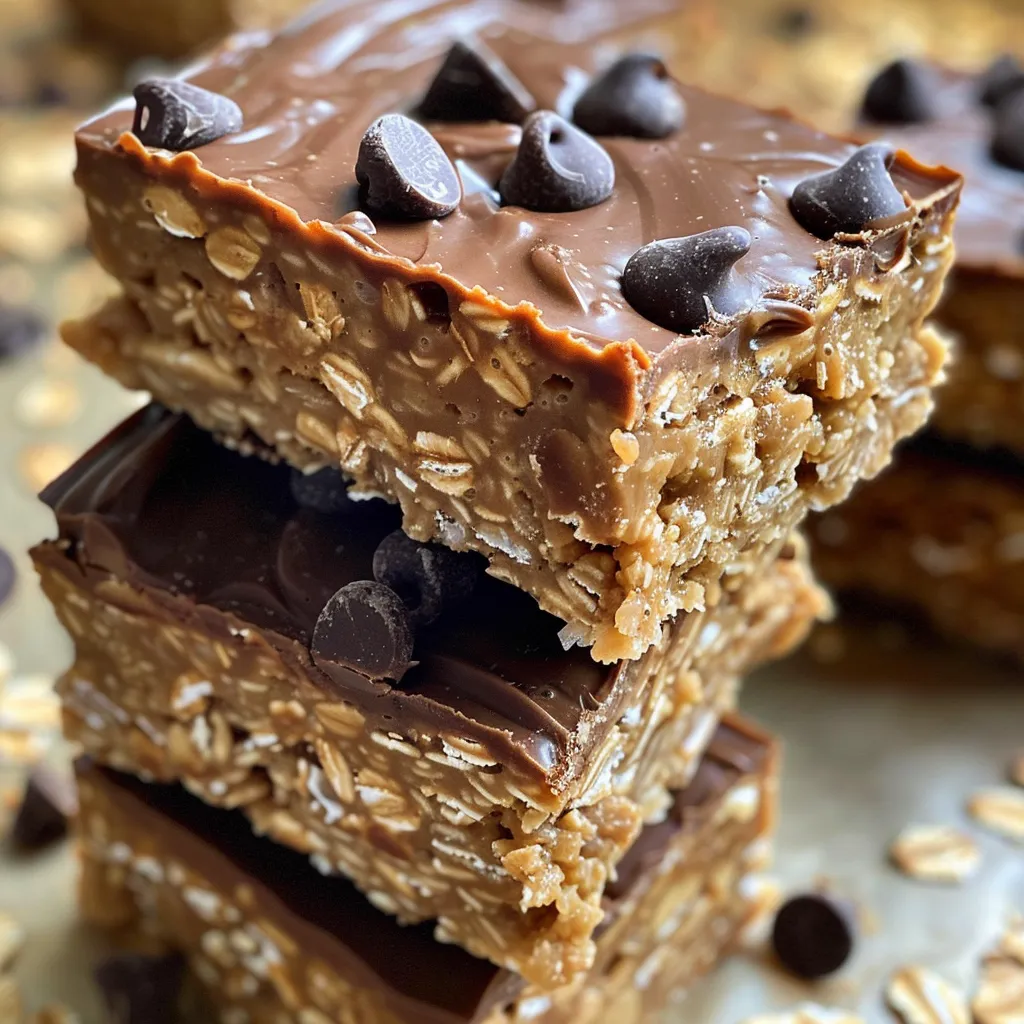 Side view of layered No Bake Peanut Butter Oatmeal Bars, showcasing oats and chocolate.