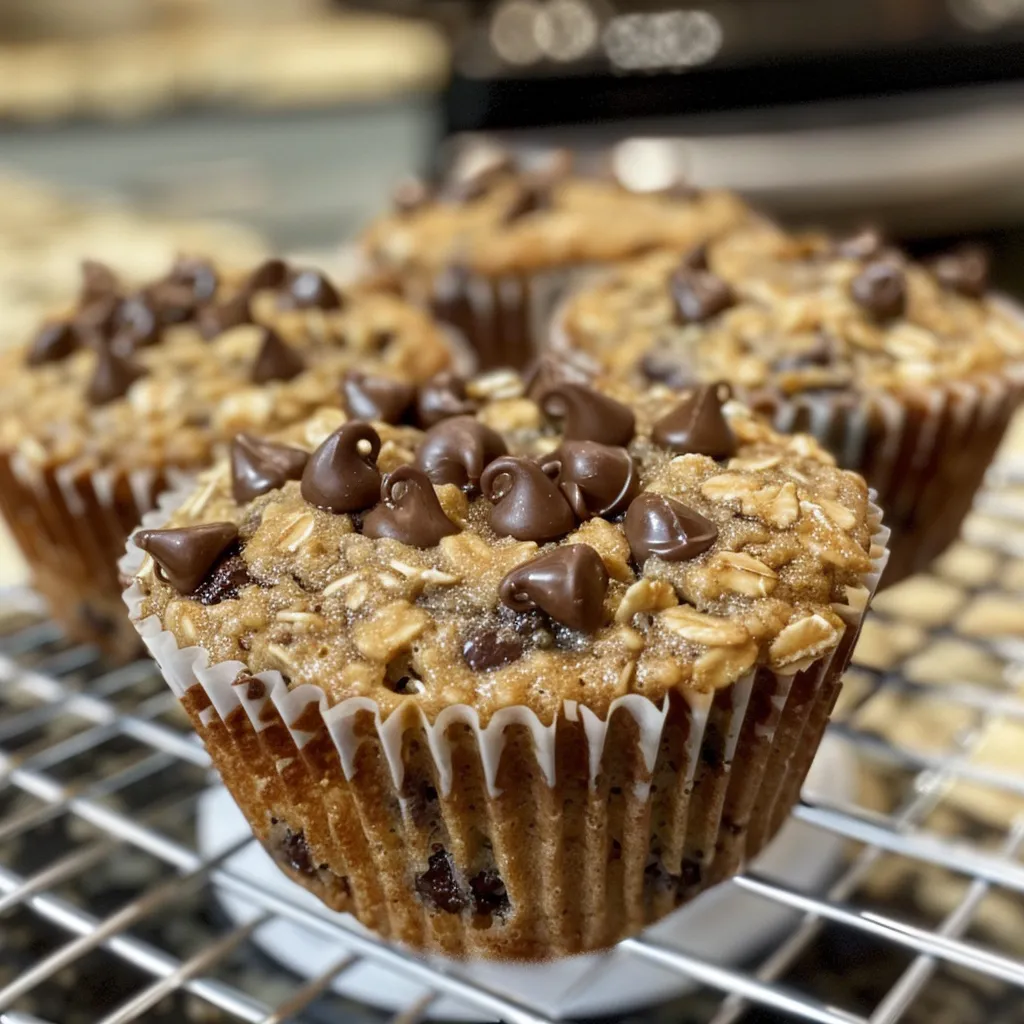 Side view of freshly baked oatmeal muffins packed with chocolate chips.