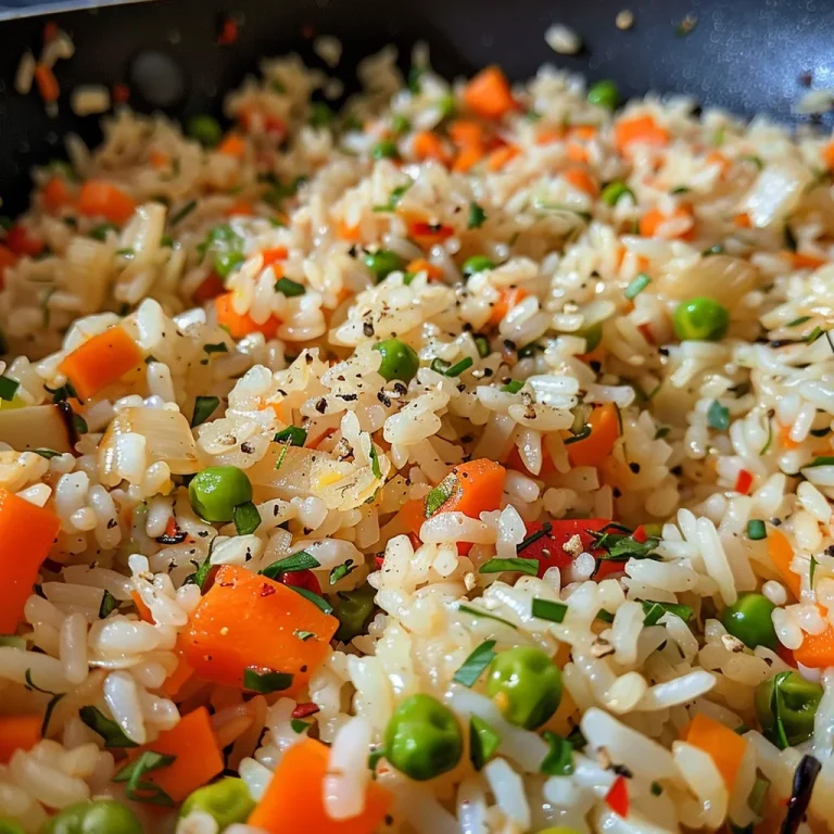 Close-up of One Pan Garlic Veggie Rice with colorful veggies and rice grains.