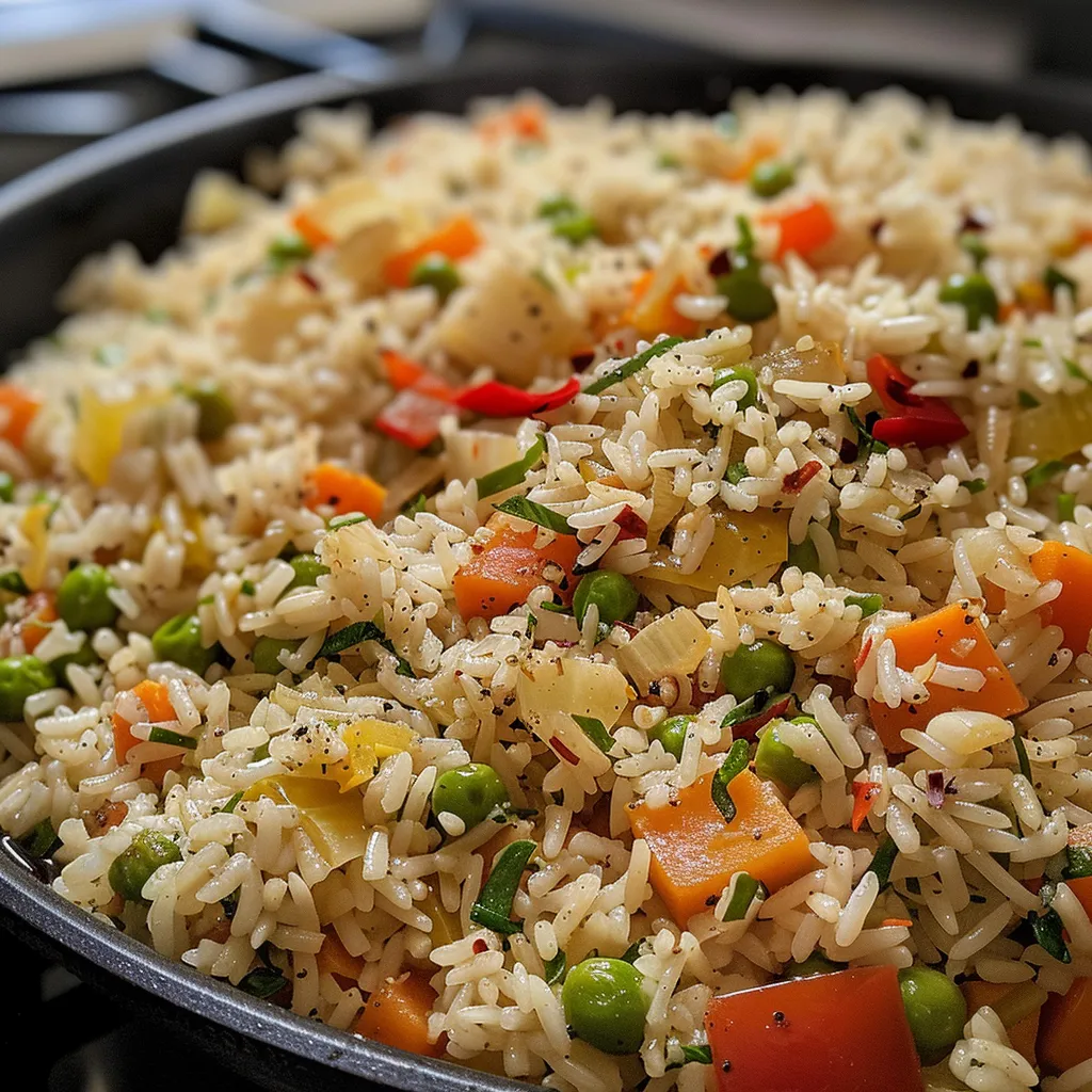 Side view of sizzling Garlic Veggie Rice, showcasing vibrant carrots and peas.