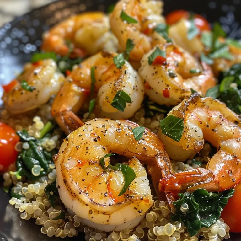 Close-up of a vibrant One Pot Garlic Shrimp and Quinoa dish with fresh ingredients.