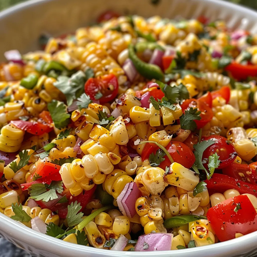 Side view of a fresh corn salad with roasted corn, bell peppers, and cherry tomatoes.