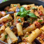 Close-up view of a plate of Pasta Alla Norma with colorful ingredients.