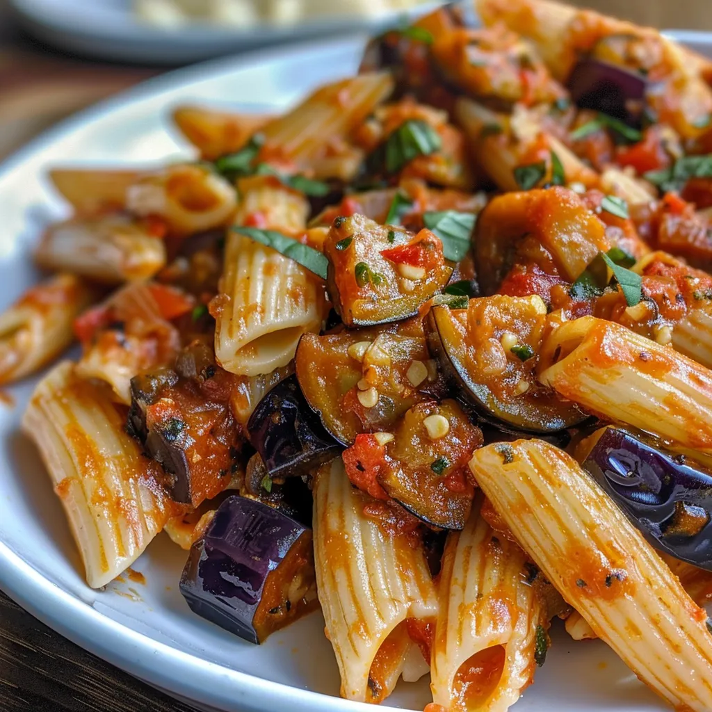 Side view of vibrant Pasta Alla Norma featuring eggplant and herbs.