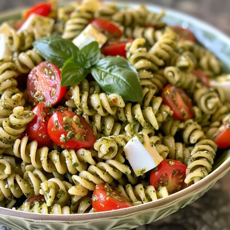 Close-up view of a vibrant pasta salad with basil pesto, cherry tomatoes, and mozzarella.
