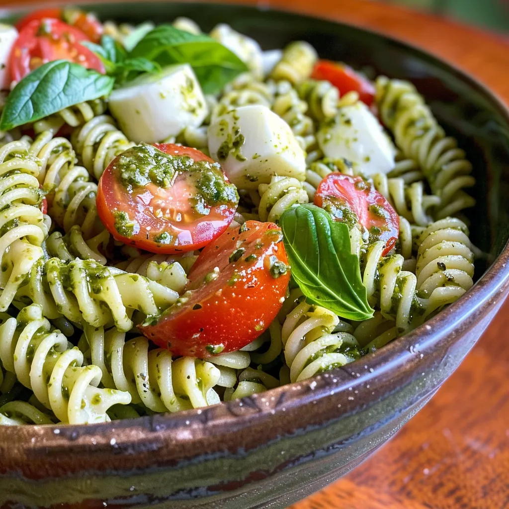 Delicious pasta salad featuring fresh mozzarella, halved cherry tomatoes, and basil pesto.