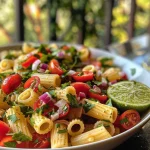 Close-up view of a vibrant pasta salad with cherry tomatoes and avocado.