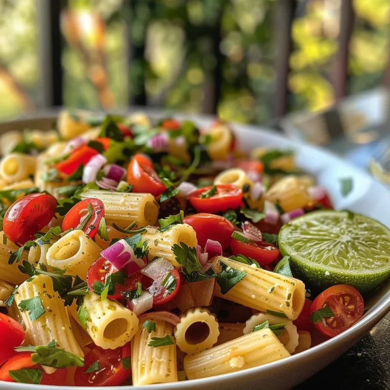 Close-up view of a vibrant pasta salad with cherry tomatoes and avocado.