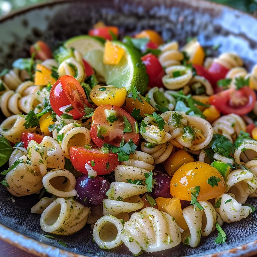 Side view of a colorful pasta salad dressed with lime and cilantro.