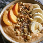 A vibrant peach banana protein smoothie bowl topped with fresh fruit.