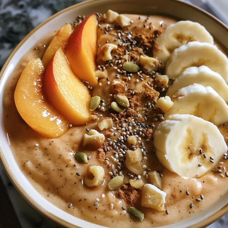 A vibrant peach banana protein smoothie bowl topped with fresh fruit.