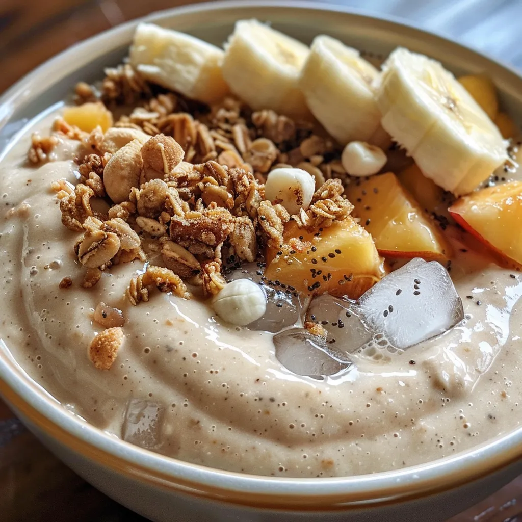 Close-up of a peach banana smoothie bowl garnished with sliced bananas and peaches.
