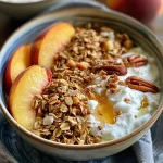 Side view of a peach crisp yogurt bowl with oats, peaches, and coconut.