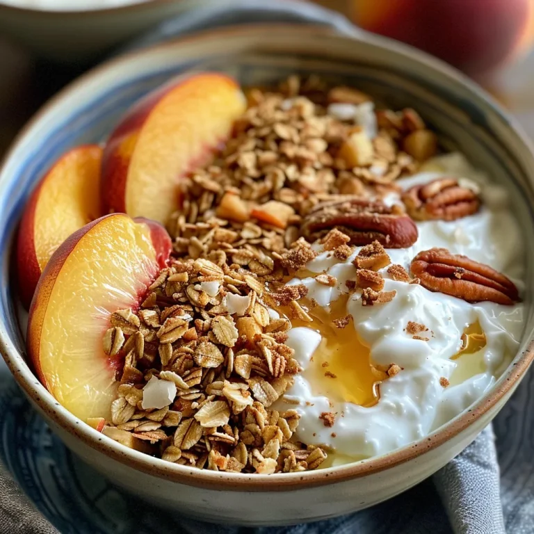 A Wholesome Breakfast That Elevates Your Morning Routine Side view of a peach crisp yogurt bowl with oats, peaches, and coconut.