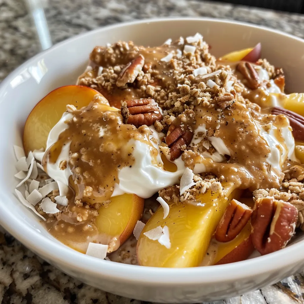 Close-up of a yogurt bowl topped with juicy peaches and crunchy pecans.