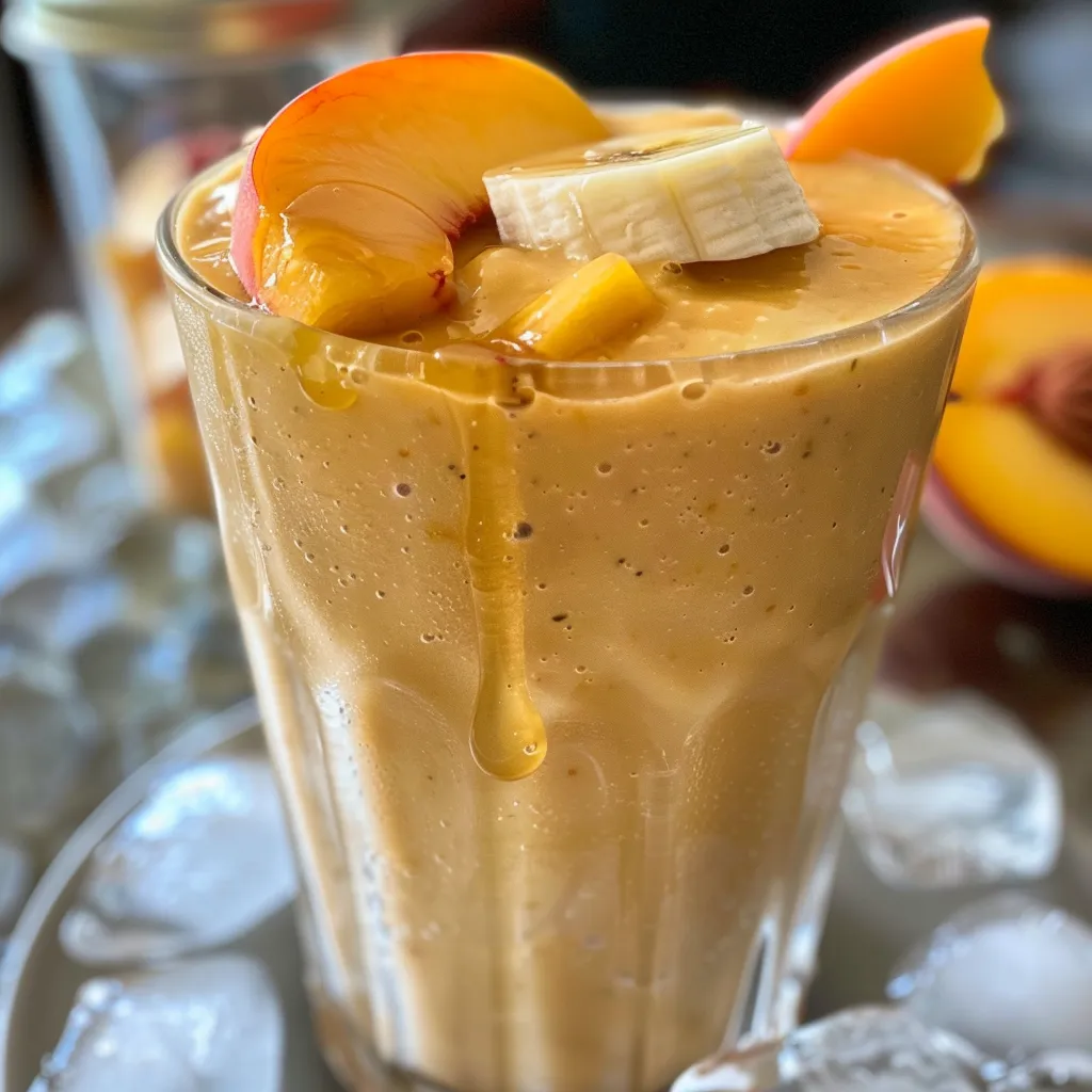 Side view of a creamy peach honey yogurt smoothie in a glass, garnished with fresh peach pieces.