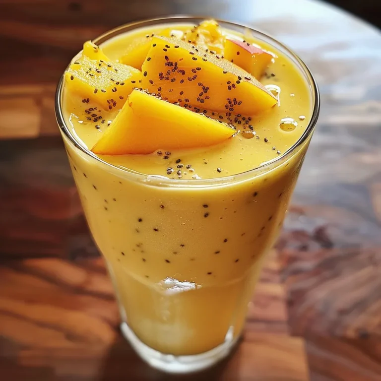 A close-up view of a vibrant peach mango smoothie in a clear glass.