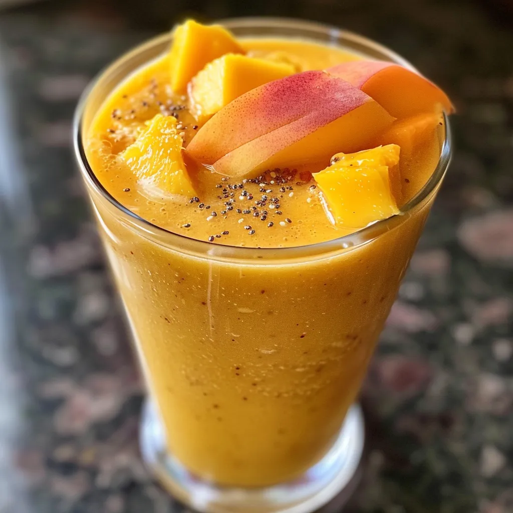 Side view of a vibrant peach mango smoothie topped with fresh ingredients.