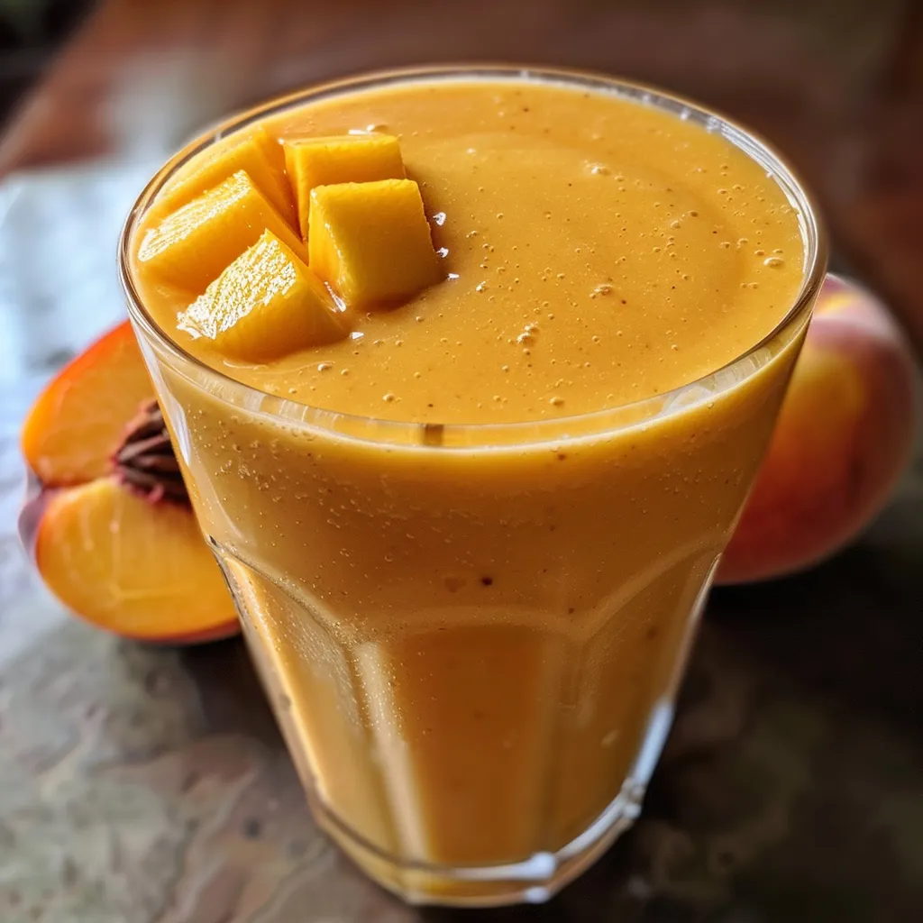 Side view of a creamy peach mango smoothie topped with chia seeds.