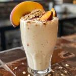 Close-up of a creamy Peach Pie Smoothie in a glass, with a straw and peach slices beside it.
