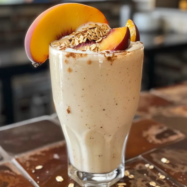 Close-up of a creamy Peach Pie Smoothie in a glass, with a straw and peach slices beside it.