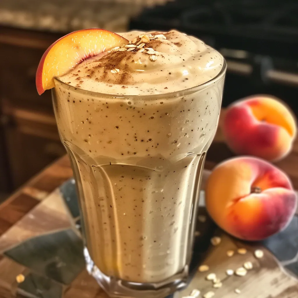 Side view of a vibrant Peach Pie Smoothie topped with oats, placed on a wooden surface.
