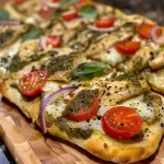 Close-up side view of a Pesto Chicken Flatbread topped with mozzarella and cherry tomatoes.