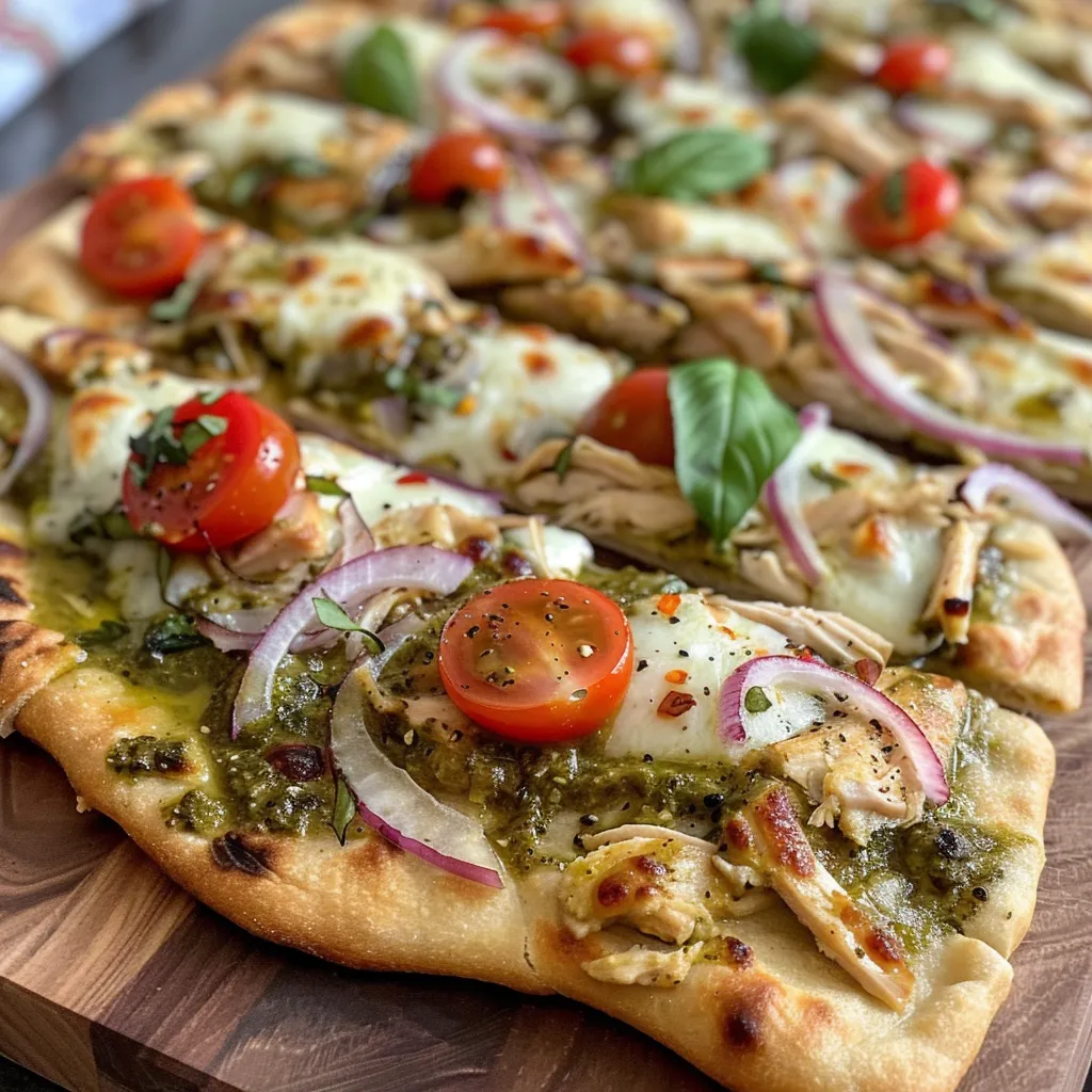 Juicy Pesto Chicken Flatbread garnished with fresh basil and red onion on a wooden surface.