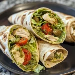 A close-up view of a juicy pesto chicken wrap, showcasing layers of chicken, lettuce, and tomatoes.