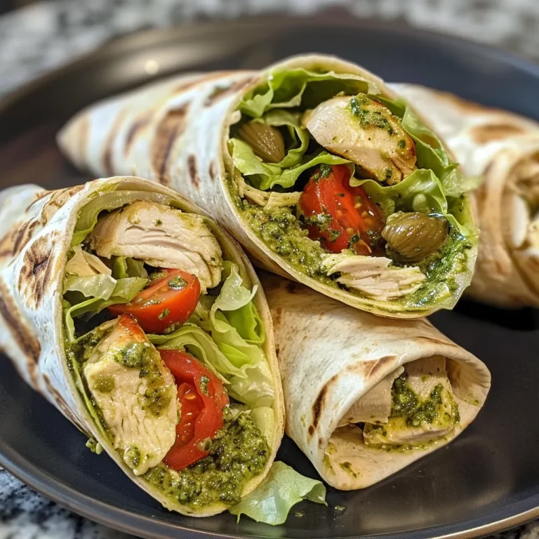 A close-up view of a juicy pesto chicken wrap, showcasing layers of chicken, lettuce, and tomatoes.