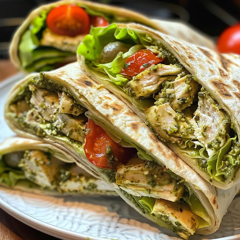 Side view of a pesto chicken wrap filled with vibrant ingredients, including grilled chicken and fresh vegetables.
