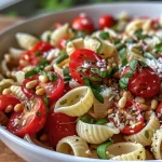 A colorful pasta salad with cherry tomatoes and fresh basil in a bowl.