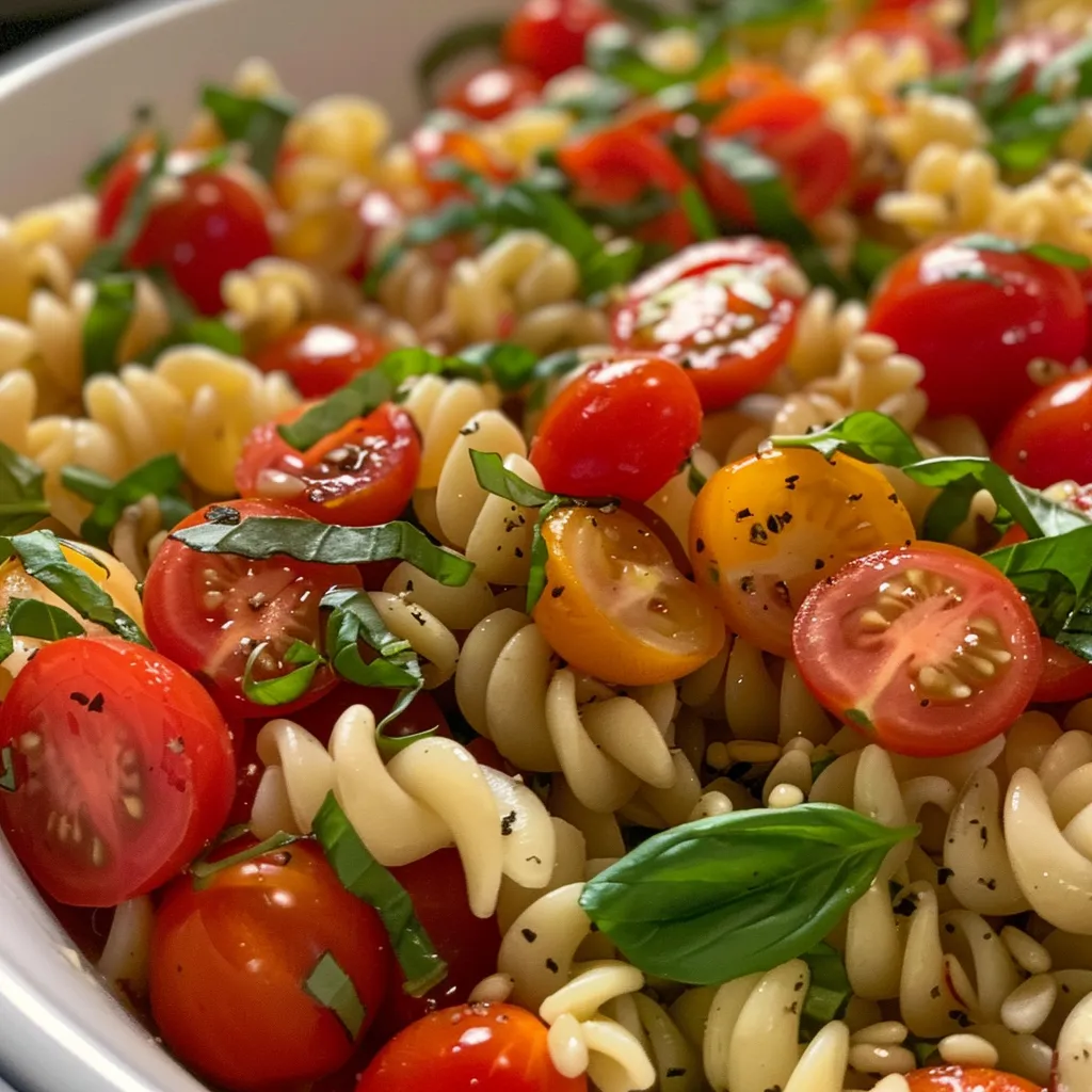 Juicy pasta salad featuring halved cherry tomatoes and vibrant green basil leaves.