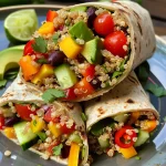 A colorful close-up of a Rainbow Quinoa Crunch Wrap revealing vibrant vegetables and quinoa fillings.