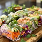 Close-up view of colorful rainbow veggie rice paper rolls filled with fresh vegetables and herbs.