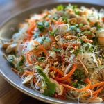 Close-up view of a vibrant rice noodle salad featuring shredded chicken.