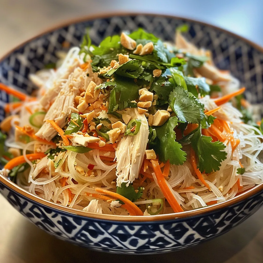 Side angle of a colorful rice noodle dish with fresh herbs and vegetables.