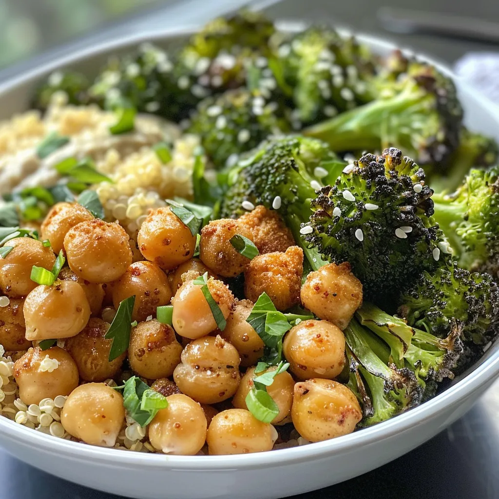 Juicy roasted broccoli and chickpeas in a vibrant bowl, seen from the side.