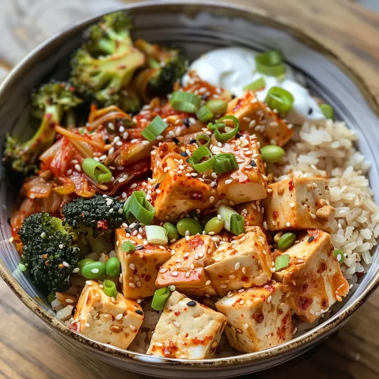 A Flavor-Packed Roasted Broccoli Kimchi Rice Bowl for Busy Nights Close-up of a vibrant roasted broccoli and kimchi rice bowl with tofu and sesame seeds.