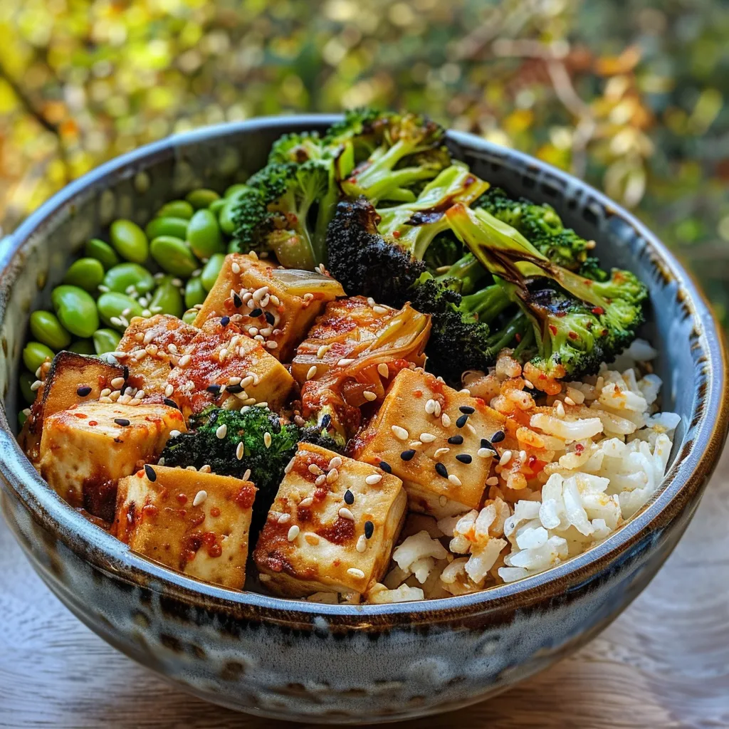 Side view of a colorful kimchi and roasted broccoli rice bowl garnished with scallions.