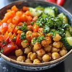 A vibrant roasted chickpea and veggie bowl featuring colorful diced bell peppers, zucchini, and carrots, garnished with fresh parsley.