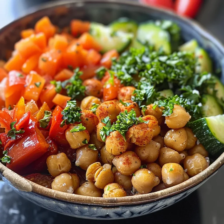 Quick and Flavorful Your New Favorite Roasted Chickpea and Veggie Bowl A vibrant roasted chickpea and veggie bowl featuring colorful diced bell peppers, zucchini, and carrots, garnished with fresh parsley.