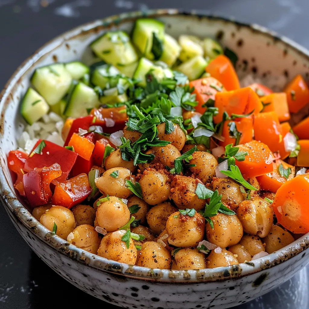 A close-up view of a nutritious bowl filled with roasted chickpeas and assorted vegetables, showcasing vivid colors and textures.