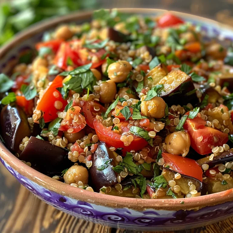Close-up view of a vibrant roasted eggplant salad with tomatoes and chickpeas.