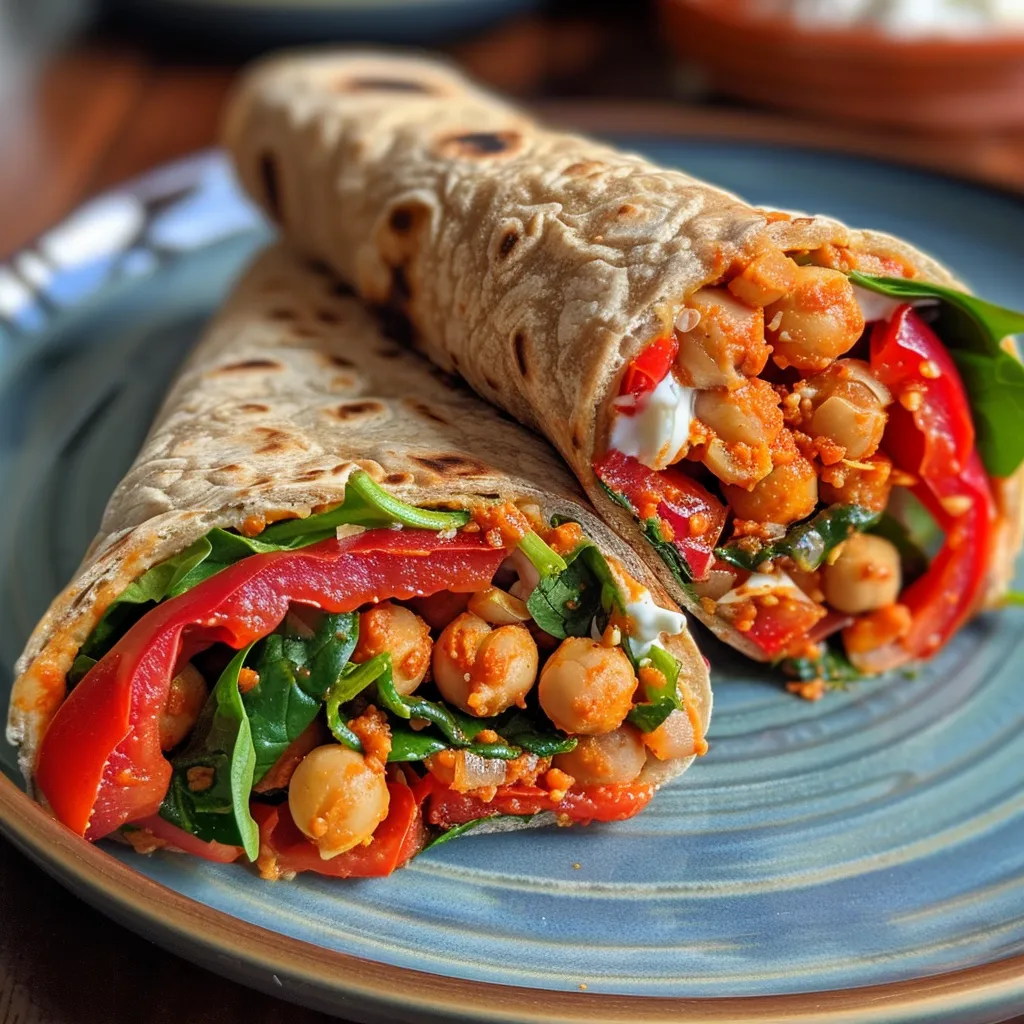 Side view of a tasty roasted red pepper and chickpea wrap showcasing colorful ingredients inside a whole wheat tortilla.