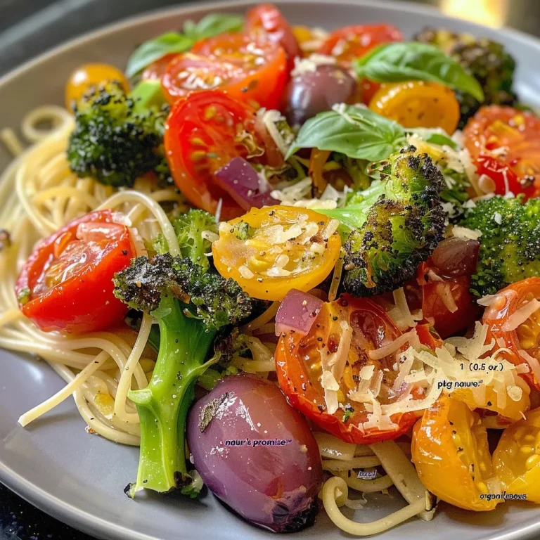 Quick and Flavor-Packed Roasted Vegetable Pasta for Busy Nights A close-up view of a bowl of roasted vegetable pasta with vibrant colors and textures.
