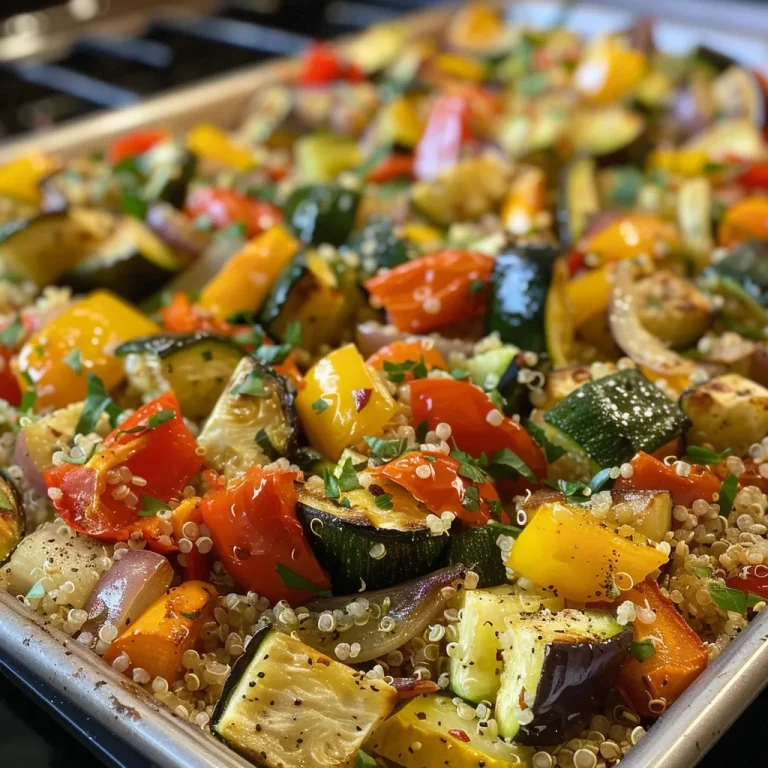 Close-up view of a colorful roasted vegetable quinoa medley featuring diced zucchini, bell pepper, and tomatoes.