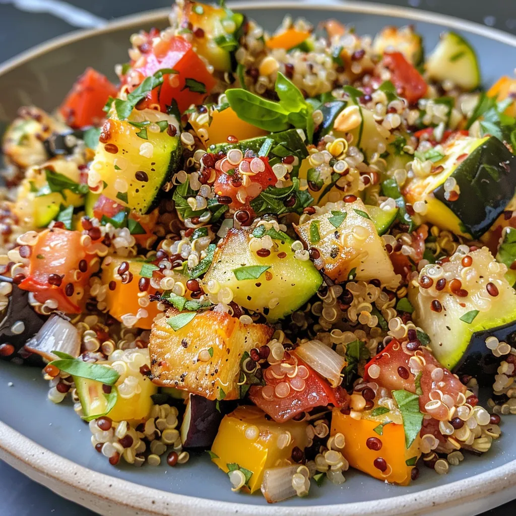 Side view of a hearty quinoa dish with roasted vegetables, showcasing vibrant colors and textures.