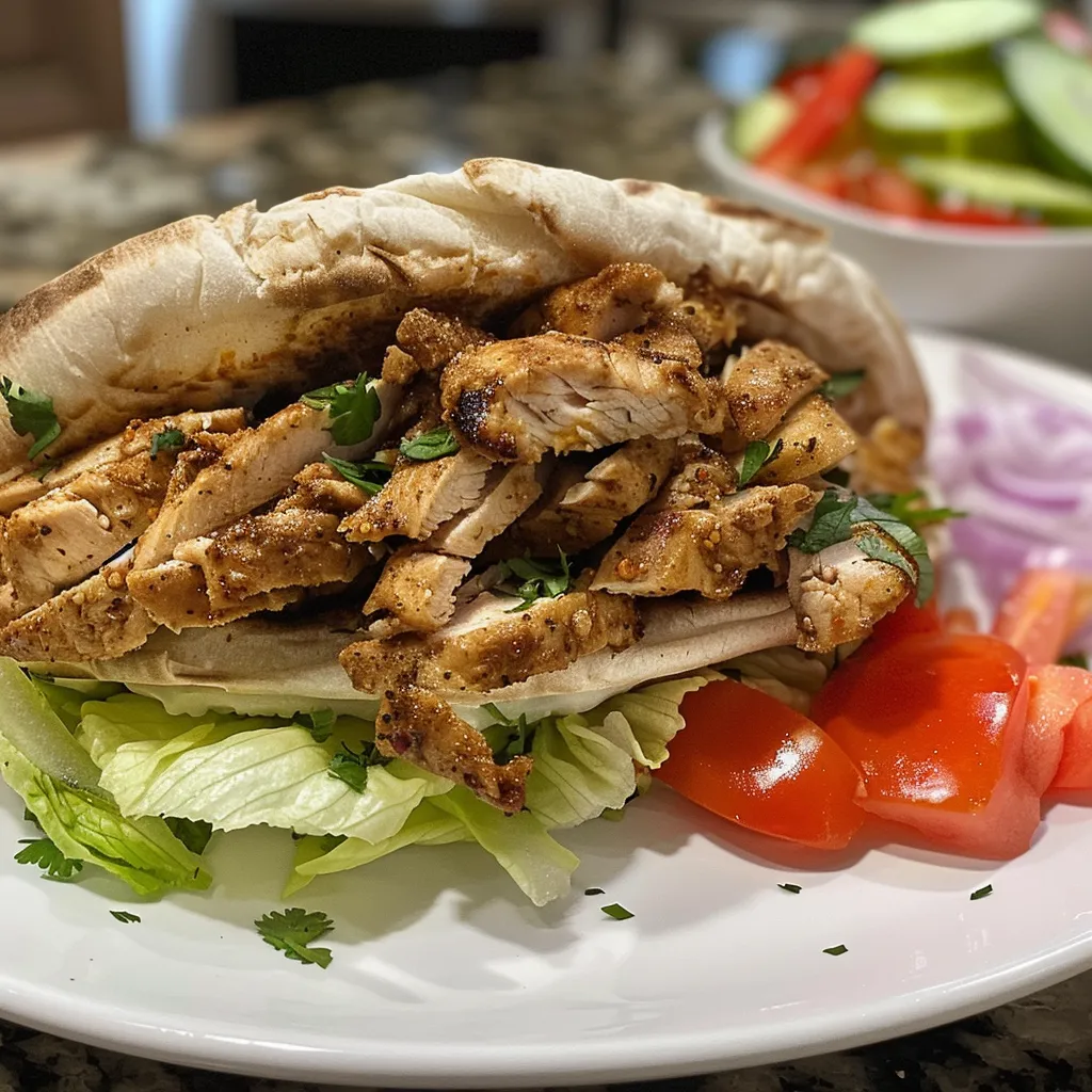 Side angle of a delicious shawarma chicken sandwich filled with vibrant vegetables and sauce.